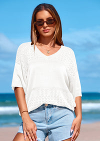 PRETTYGARDEN Women's Short Sleeve Sweater Tops Spring Summer Casual V Neck Ribbed Knit Trendy Eyelet Blouse T Shirts PRETTYGARDEN