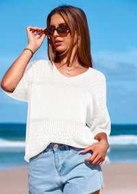 PRETTYGARDEN Women's Short Sleeve Sweater Tops Spring Summer Casual V Neck Ribbed Knit Trendy Eyelet Blouse T Shirts PRETTYGARDEN