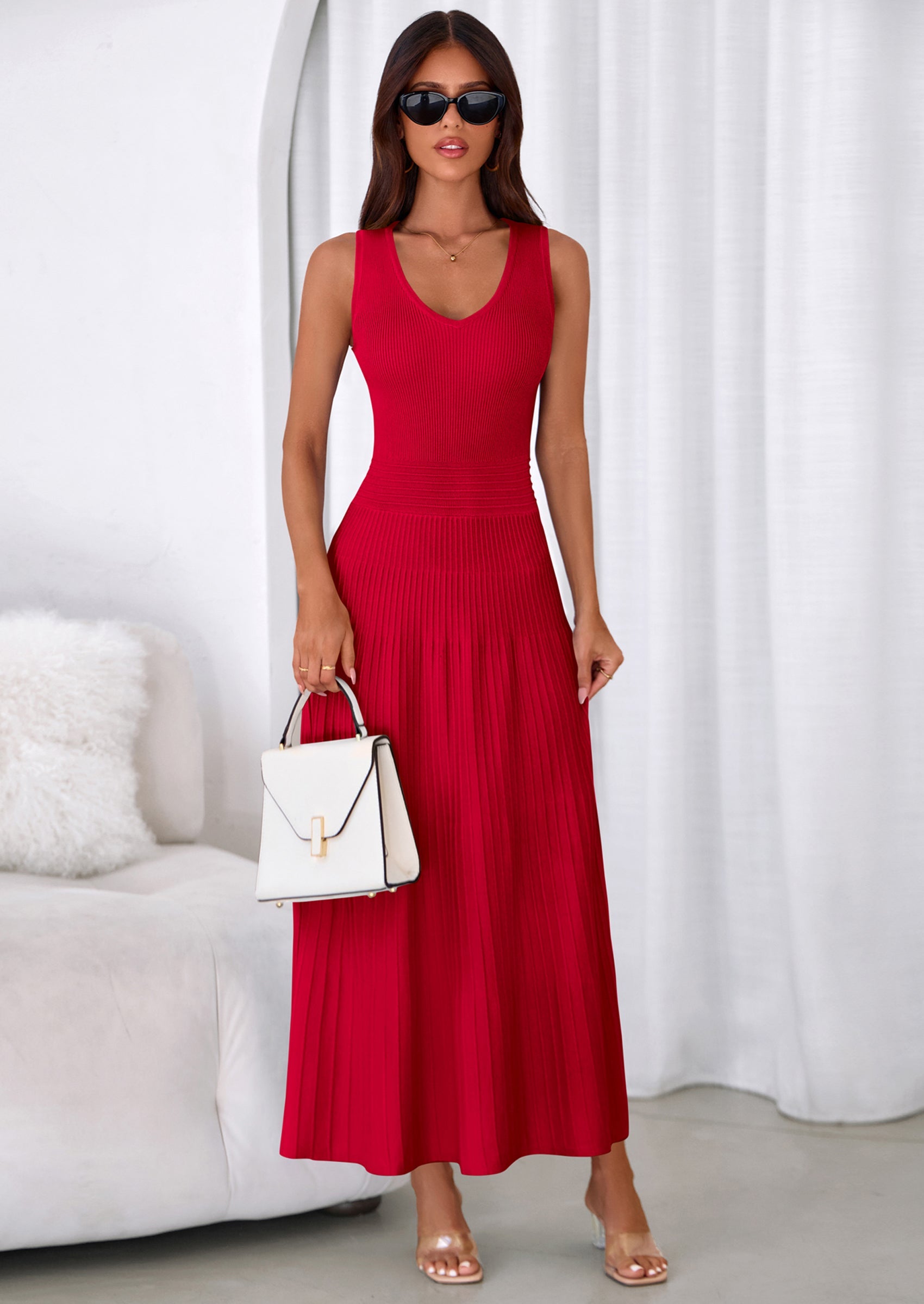 PRETTYGARDEN Women's Summer Casual Dresses Spring Sleeveless V Neck Midi Business Work A Line Pleated Cocktail Dress PRETTYGARDEN