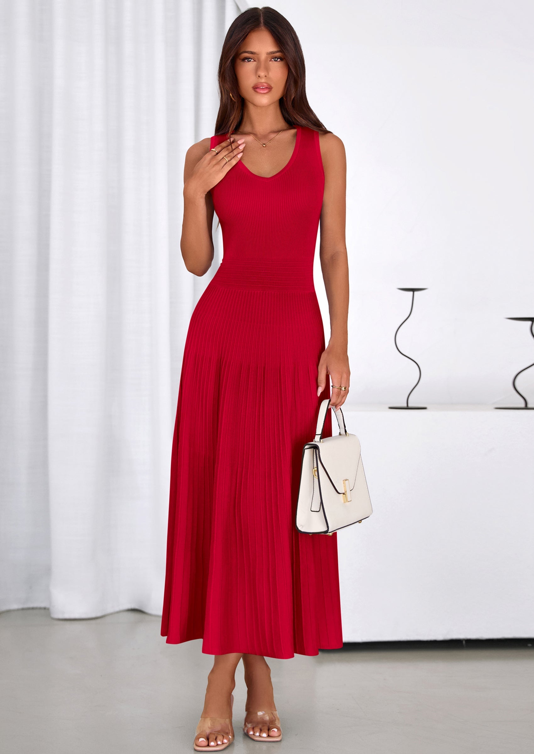 PRETTYGARDEN Women's Summer Casual Dresses Spring Sleeveless V Neck Midi Business Work A Line Pleated Cocktail Dress PRETTYGARDEN