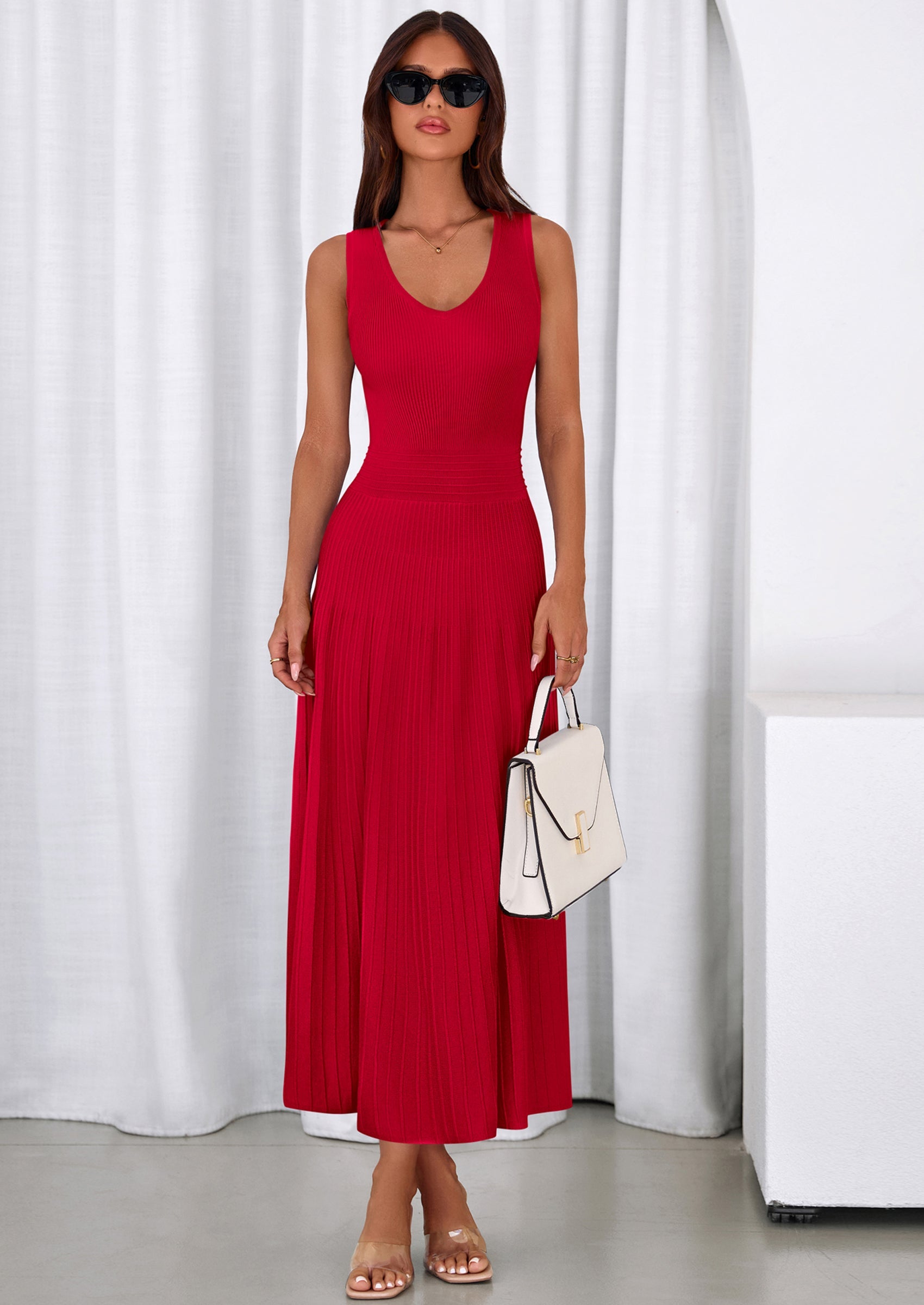 PRETTYGARDEN Women's Summer Casual Dresses Spring Sleeveless V Neck Midi Business Work A Line Pleated Cocktail Dress PRETTYGARDEN