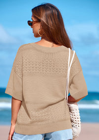 PRETTYGARDEN Women's Short Sleeve Sweater Tops Spring Summer Casual V Neck Ribbed Knit Trendy Eyelet Blouse T Shirts PRETTYGARDEN