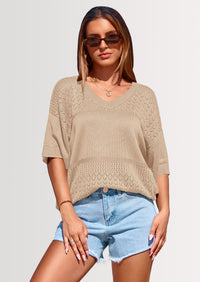 PRETTYGARDEN Women's Short Sleeve Sweater Tops Spring Summer Casual V Neck Ribbed Knit Trendy Eyelet Blouse T Shirts