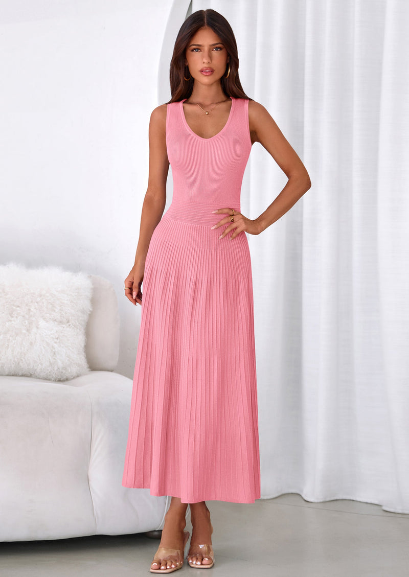 PRETTYGARDEN Women's Summer Casual Dresses Spring Sleeveless V Neck Midi Business Work A Line Pleated Cocktail Dress PRETTYGARDEN