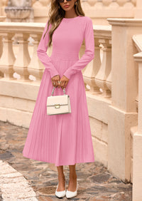 PRETTYGARDEN Women's Long Sleeve Midi Sweater Dress Fall Crewneck Knit A Line Pleated Wedding Guest Winter Dresses