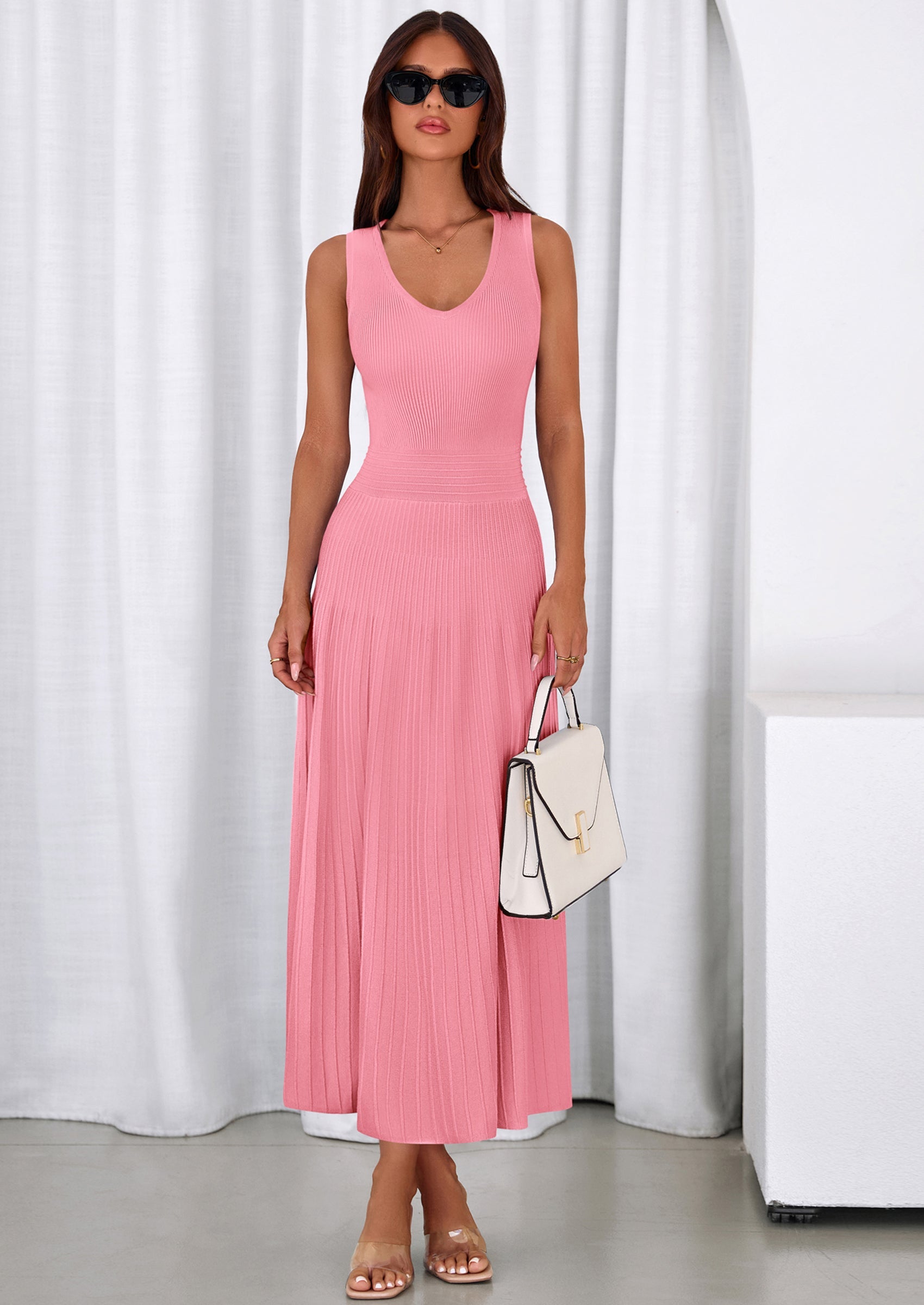 PRETTYGARDEN Women's Summer Casual Dresses Spring Sleeveless V Neck Midi Business Work A Line Pleated Cocktail Dress PRETTYGARDEN