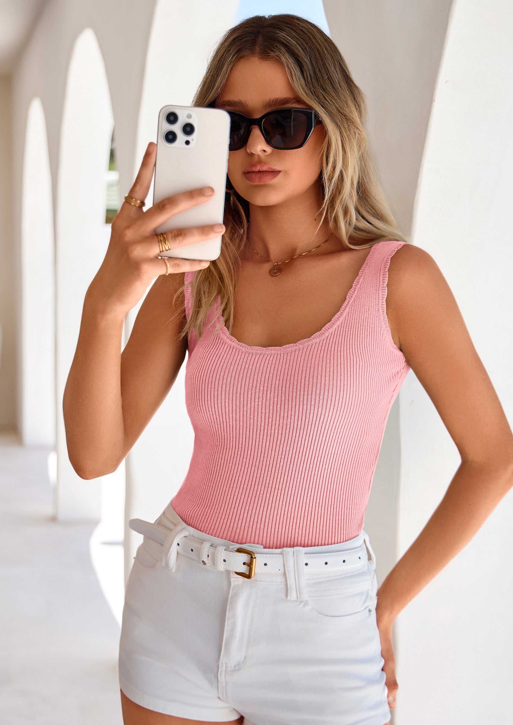 PRETTYGARDEN Womens Summer Sleeveless Tank Tops V Neck Ruffle Lightweight Ribbed Knit Shirt Casual Going Out Top PRETTYGARDEN