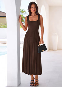 PRETTYGARDEN Spring Dresses for Women 2026 Summer Casual Sleeveless Square Neck A Line Knit Pleated Midi Cocktail Party Dress PRETTYGARDEN