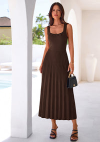 PRETTYGARDEN Spring Dresses for Women 2026 Summer Casual Sleeveless Square Neck A Line Knit Pleated Midi Cocktail Party Dress PRETTYGARDEN