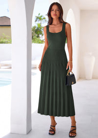 PRETTYGARDEN Spring Dresses for Women 2026 Summer Casual Sleeveless Square Neck A Line Knit Pleated Midi Cocktail Party Dress PRETTYGARDEN