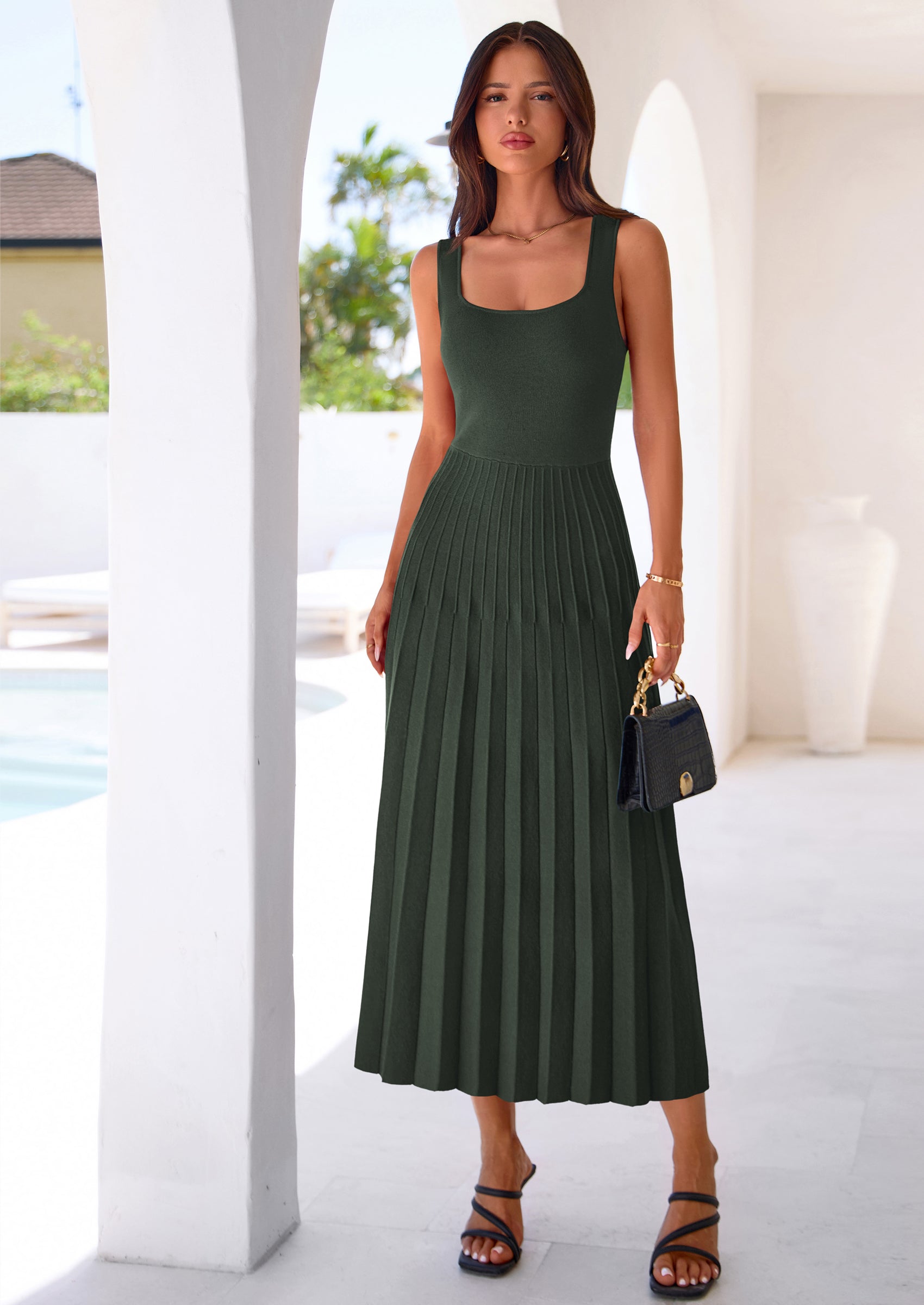 PRETTYGARDEN Spring Dresses for Women 2026 Summer Casual Sleeveless Square Neck A Line Knit Pleated Midi Cocktail Party Dress PRETTYGARDEN