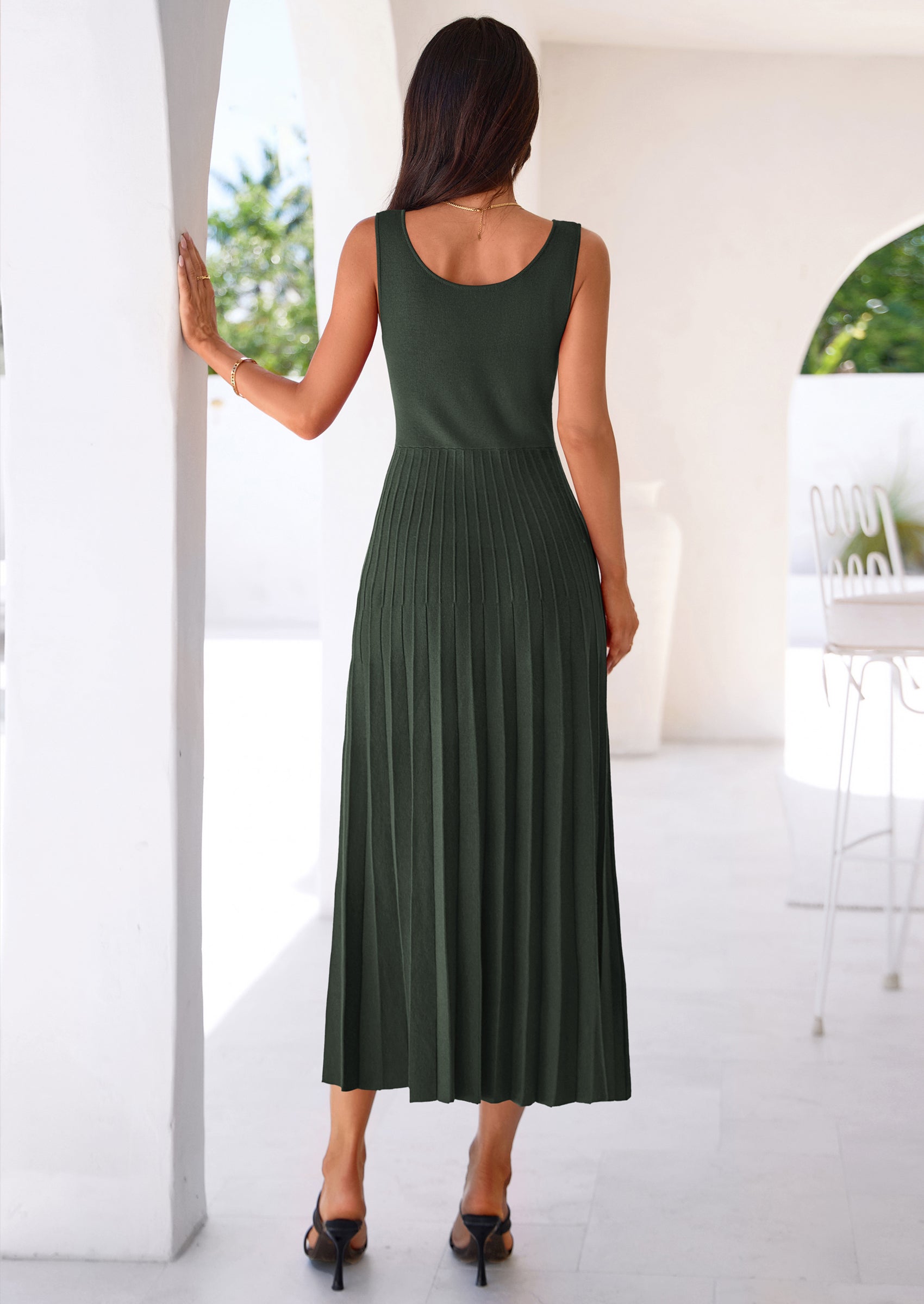 PRETTYGARDEN Spring Dresses for Women 2026 Summer Casual Sleeveless Square Neck A Line Knit Pleated Midi Cocktail Party Dress