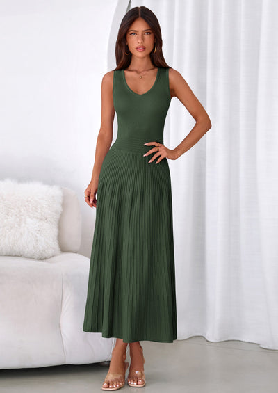 PRETTYGARDEN Women's Summer Casual Dresses Spring Sleeveless V Neck Midi Business Work A Line Pleated Cocktail Dress PRETTYGARDEN