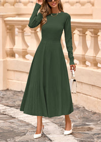 PRETTYGARDEN Women's Long Sleeve Midi Sweater Dress Fall Crewneck Knit A Line Pleated Wedding Guest Winter Dresses