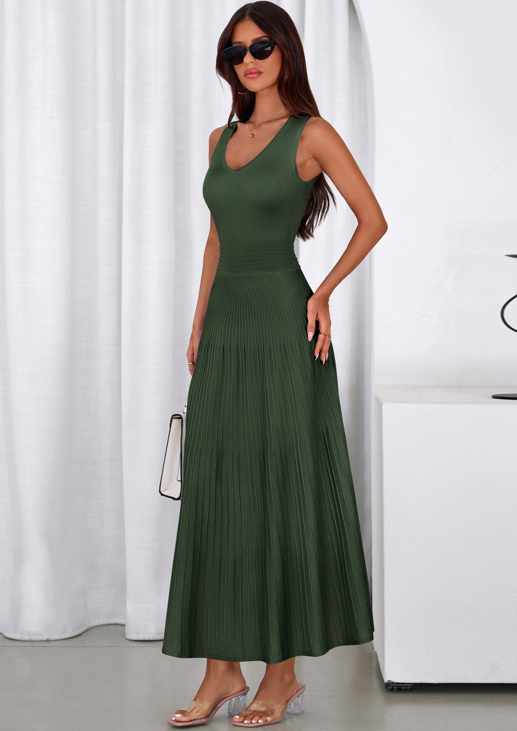 PRETTYGARDEN Women's Summer Casual Dresses Spring Sleeveless V Neck Midi Business Work A Line Pleated Cocktail Dress PRETTYGARDEN