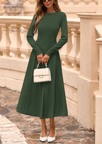 PRETTYGARDEN Women's Long Sleeve Midi Sweater Dress Fall Crewneck Knit A Line Pleated Wedding Guest Winter Dresses