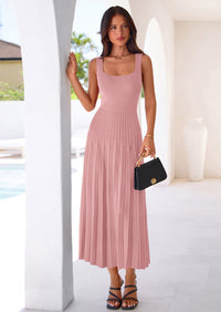 PRETTYGARDEN Spring Dresses for Women 2026 Summer Casual Sleeveless Square Neck A Line Knit Pleated Midi Cocktail Party Dress PRETTYGARDEN