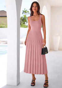 PRETTYGARDEN Spring Dresses for Women 2026 Summer Casual Sleeveless Square Neck A Line Knit Pleated Midi Cocktail Party Dress PRETTYGARDEN