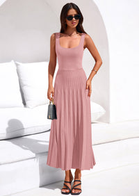 PRETTYGARDEN Spring Dresses for Women 2026 Summer Casual Sleeveless Square Neck A Line Knit Pleated Midi Cocktail Party Dress PRETTYGARDEN