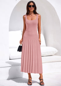 PRETTYGARDEN Spring Dresses for Women 2026 Summer Casual Sleeveless Square Neck A Line Knit Pleated Midi Cocktail Party Dress PRETTYGARDEN