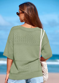 PRETTYGARDEN Women's Short Sleeve Sweater Tops Spring Summer Casual V Neck Ribbed Knit Trendy Eyelet Blouse T Shirts PRETTYGARDEN