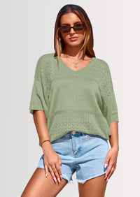 PRETTYGARDEN Women's Short Sleeve Sweater Tops Spring Summer Casual V Neck Ribbed Knit Trendy Eyelet Blouse T Shirts