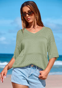 PRETTYGARDEN Women's Short Sleeve Sweater Tops Spring Summer Casual V Neck Ribbed Knit Trendy Eyelet Blouse T Shirts PRETTYGARDEN