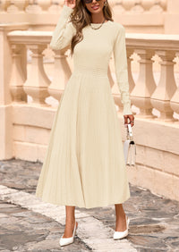 PRETTYGARDEN Women's Long Sleeve Midi Sweater Dress Fall Crewneck Knit A Line Pleated Wedding Guest Winter Dresses