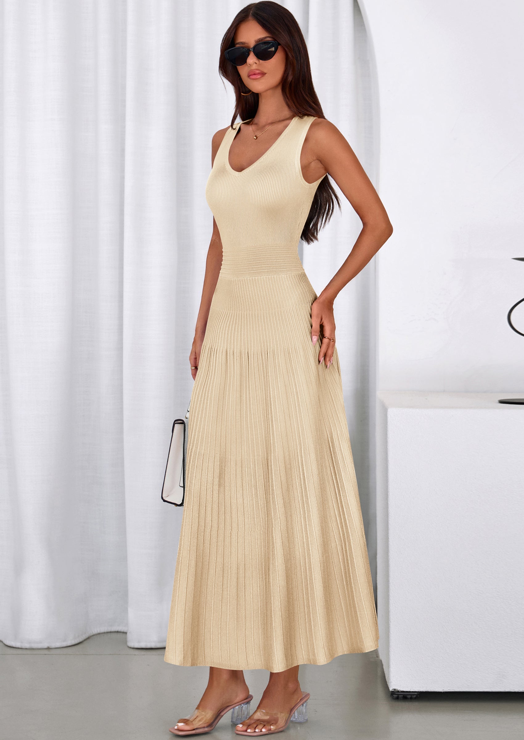 PRETTYGARDEN Women's Summer Casual Dresses Spring Sleeveless V Neck Midi Business Work A Line Pleated Cocktail Dress PRETTYGARDEN