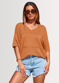 PRETTYGARDEN Women's Short Sleeve Sweater Tops Spring Summer Casual V Neck Ribbed Knit Trendy Eyelet Blouse T Shirts