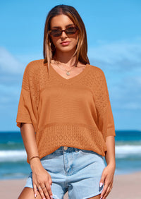 PRETTYGARDEN Women's Short Sleeve Sweater Tops Spring Summer Casual V Neck Ribbed Knit Trendy Eyelet Blouse T Shirts PRETTYGARDEN