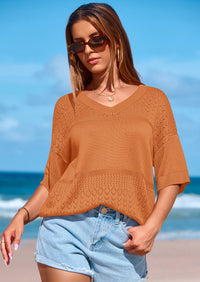 PRETTYGARDEN Women's Short Sleeve Sweater Tops Spring Summer Casual V Neck Ribbed Knit Trendy Eyelet Blouse T Shirts PRETTYGARDEN