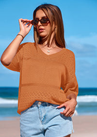 PRETTYGARDEN Women's Short Sleeve Sweater Tops Spring Summer Casual V Neck Ribbed Knit Trendy Eyelet Blouse T Shirts PRETTYGARDEN