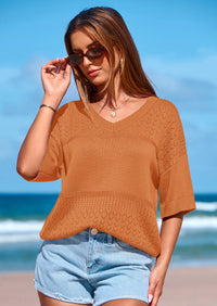 PRETTYGARDEN Women's Short Sleeve Sweater Tops Spring Summer Casual V Neck Ribbed Knit Trendy Eyelet Blouse T Shirts PRETTYGARDEN