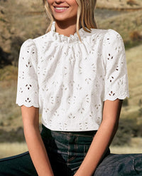 Women Trendy Short Sleeve Eyelet Embroidered Dressy Casual Blouse