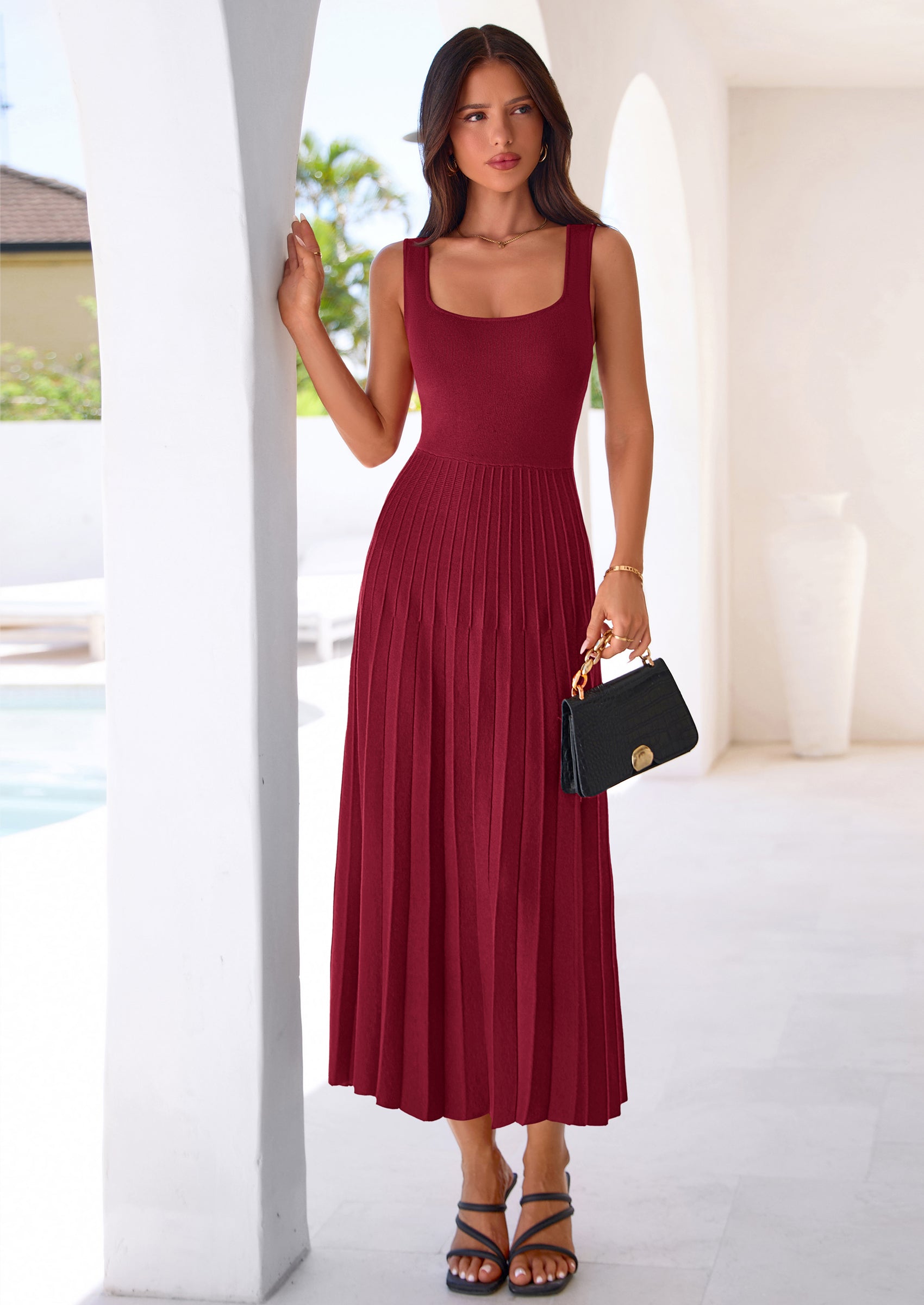 PRETTYGARDEN Spring Dresses for Women 2026 Summer Casual Sleeveless Square Neck A Line Knit Pleated Midi Cocktail Party Dress PRETTYGARDEN