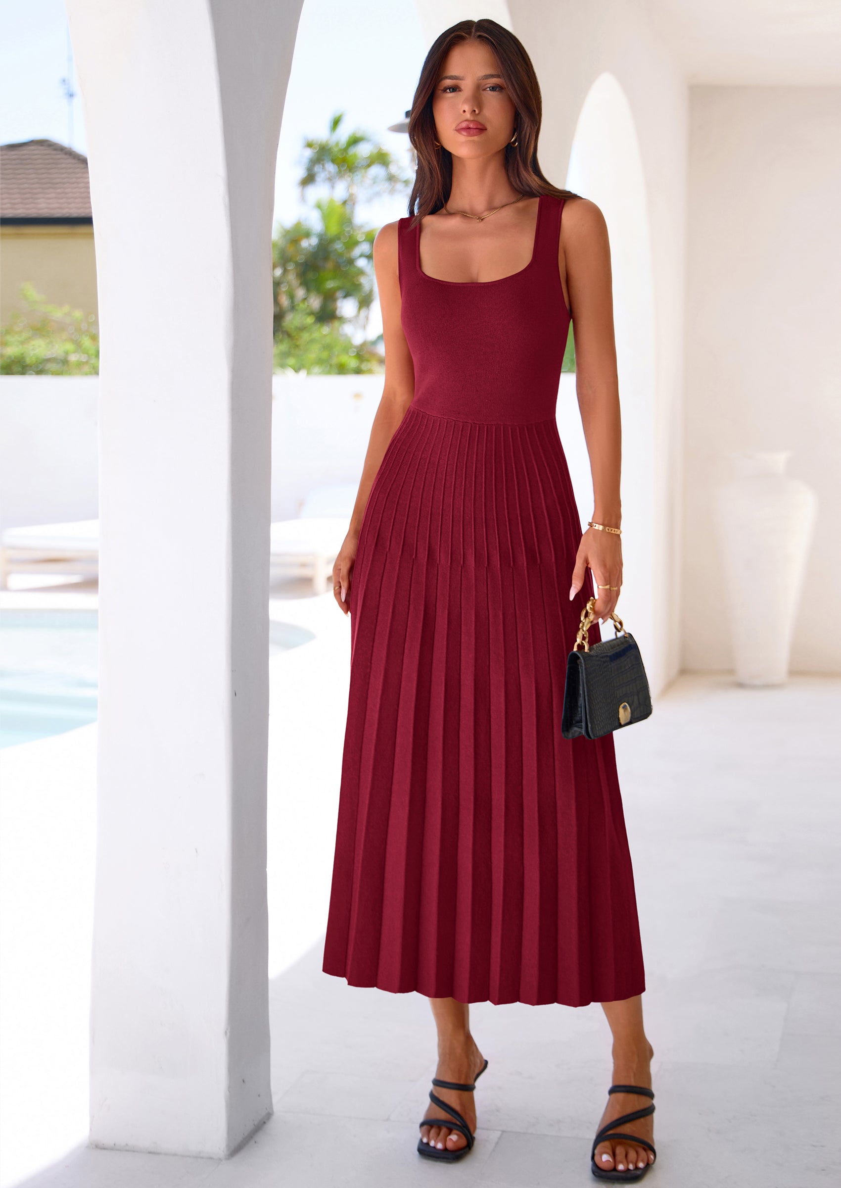 PRETTYGARDEN Spring Dresses for Women 2026 Summer Casual Sleeveless Square Neck A Line Knit Pleated Midi Cocktail Party Dress PRETTYGARDEN