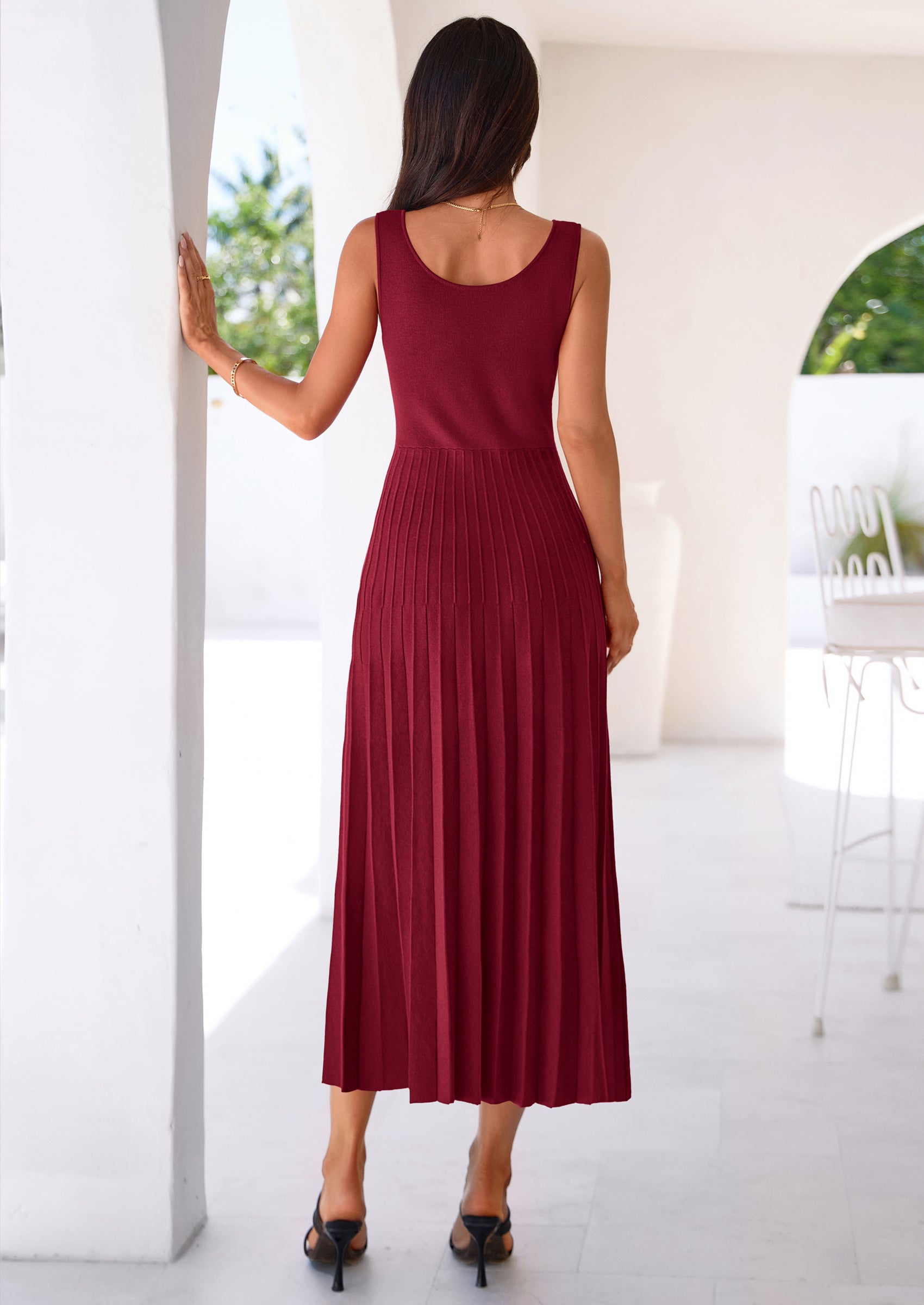 PRETTYGARDEN Spring Dresses for Women 2026 Summer Casual Sleeveless Square Neck A Line Knit Pleated Midi Cocktail Party Dress PRETTYGARDEN