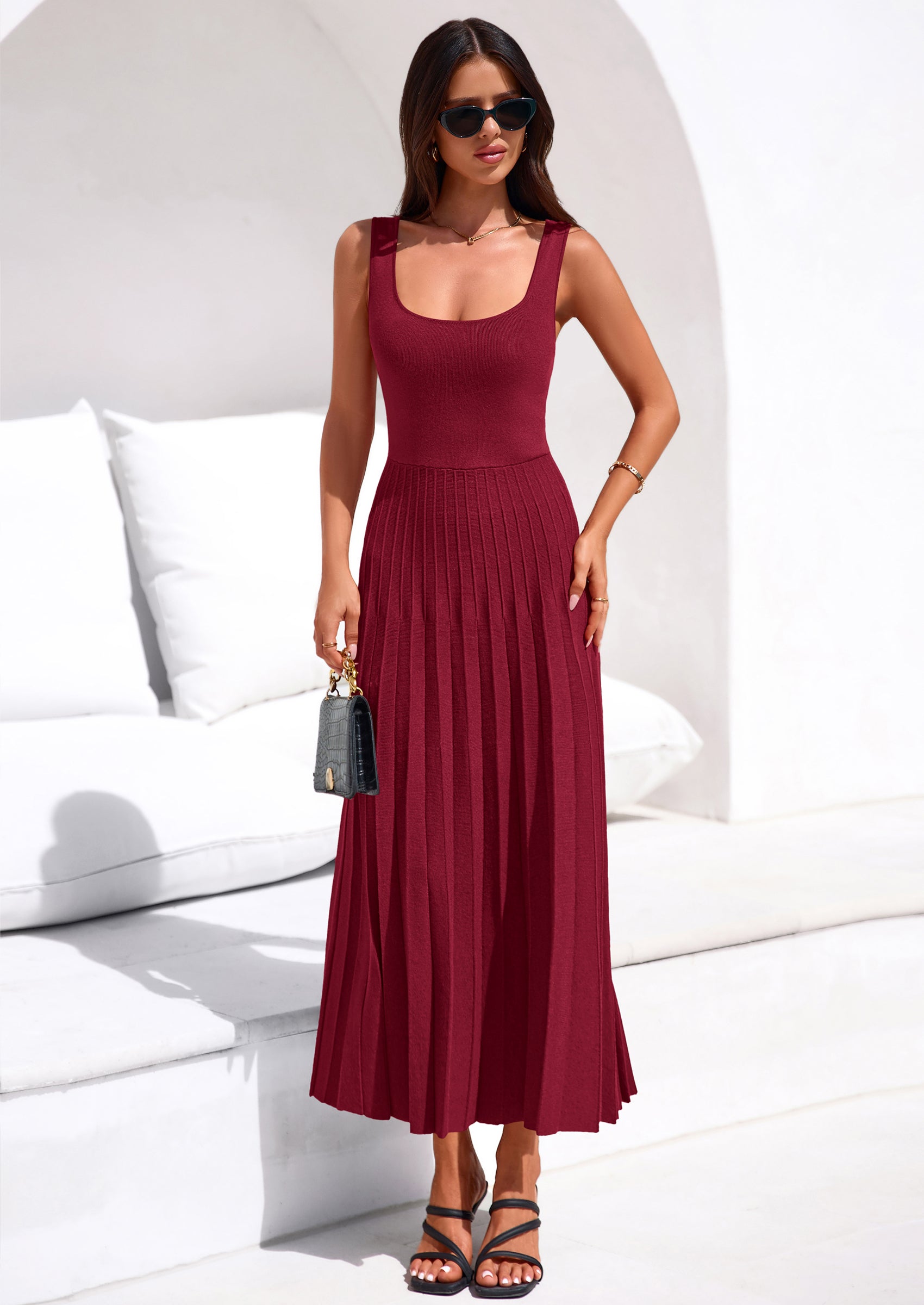 PRETTYGARDEN Spring Dresses for Women 2026 Summer Casual Sleeveless Square Neck A Line Knit Pleated Midi Cocktail Party Dress PRETTYGARDEN