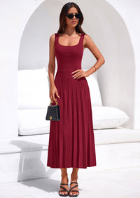 PRETTYGARDEN Spring Dresses for Women 2026 Summer Casual Sleeveless Square Neck A Line Knit Pleated Midi Cocktail Party Dress PRETTYGARDEN