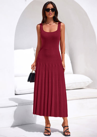 PRETTYGARDEN Spring Dresses for Women 2026 Summer Casual Sleeveless Square Neck A Line Knit Pleated Midi Cocktail Party Dress PRETTYGARDEN