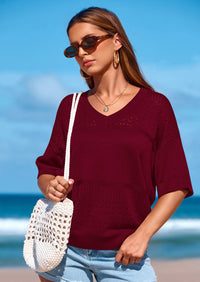 PRETTYGARDEN Women's Short Sleeve Sweater Tops Spring Summer Casual V Neck Ribbed Knit Trendy Eyelet Blouse T Shirts PRETTYGARDEN