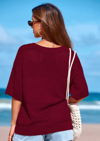 PRETTYGARDEN Women's Short Sleeve Sweater Tops Spring Summer Casual V Neck Ribbed Knit Trendy Eyelet Blouse T Shirts PRETTYGARDEN