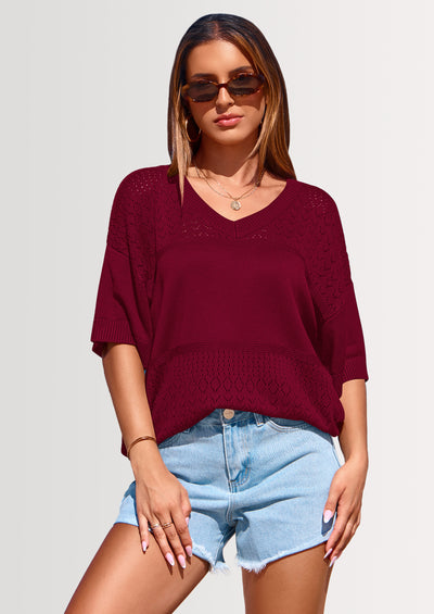 PRETTYGARDEN Women's Short Sleeve Sweater Tops Spring Summer Casual V Neck Ribbed Knit Trendy Eyelet Blouse T Shirts