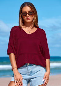 PRETTYGARDEN Women's Short Sleeve Sweater Tops Spring Summer Casual V Neck Ribbed Knit Trendy Eyelet Blouse T Shirts PRETTYGARDEN