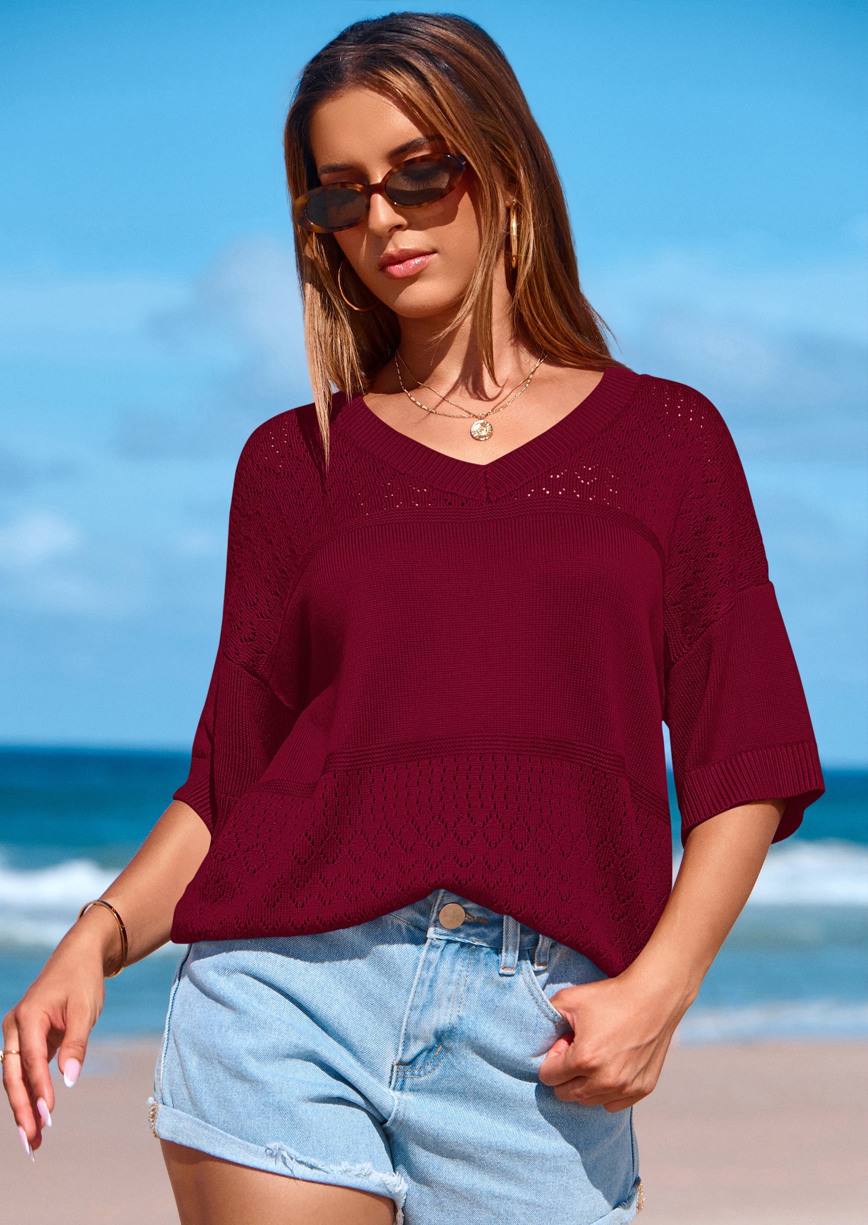 PRETTYGARDEN Women's Short Sleeve Sweater Tops Spring Summer Casual V Neck Ribbed Knit Trendy Eyelet Blouse T Shirts PRETTYGARDEN