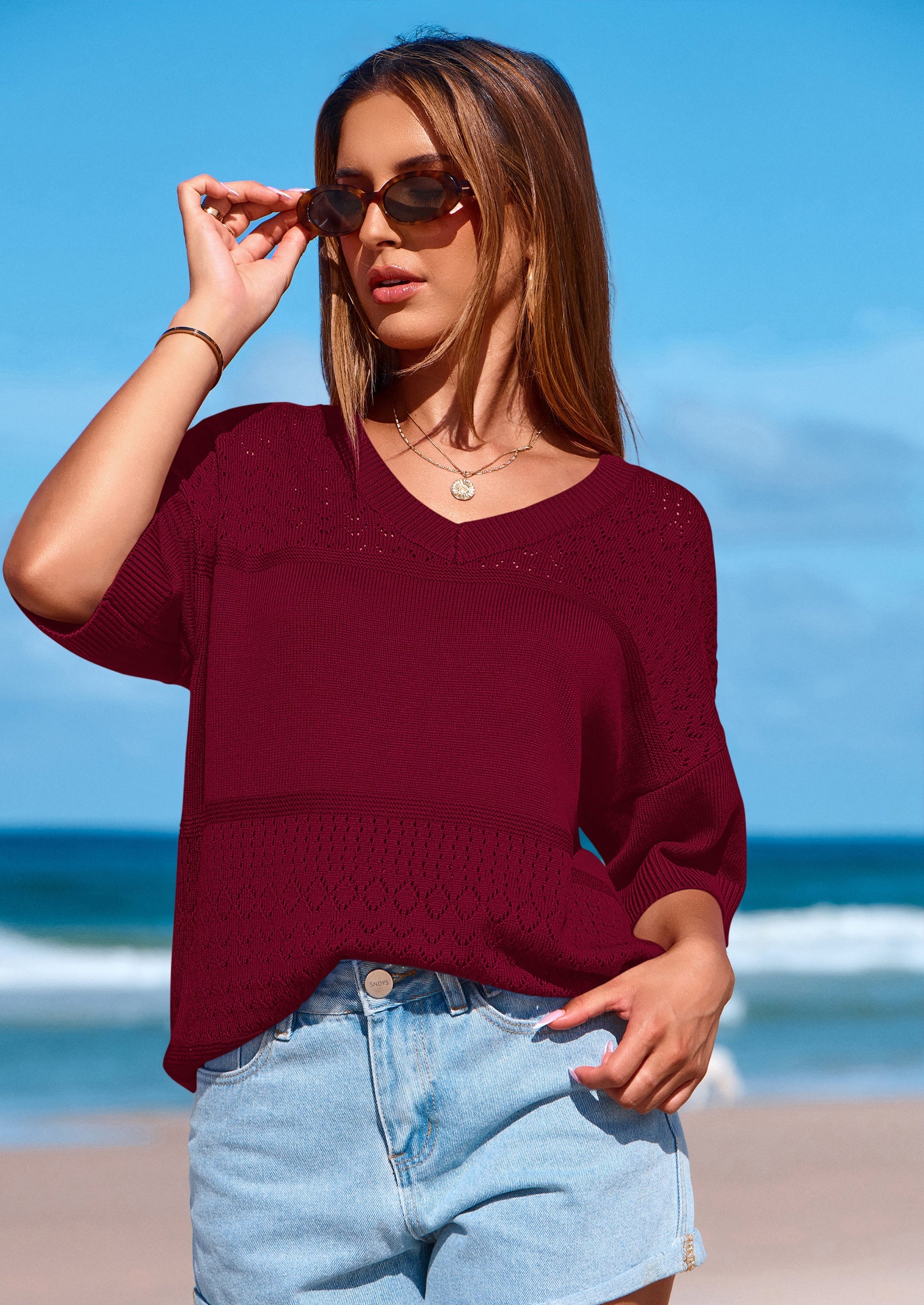 PRETTYGARDEN Women's Short Sleeve Sweater Tops Spring Summer Casual V Neck Ribbed Knit Trendy Eyelet Blouse T Shirts PRETTYGARDEN