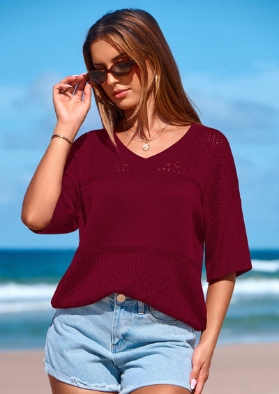 PRETTYGARDEN Women's Short Sleeve Sweater Tops Spring Summer Casual V Neck Ribbed Knit Trendy Eyelet Blouse T Shirts PRETTYGARDEN