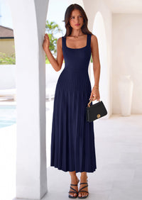 PRETTYGARDEN Spring Dresses for Women 2026 Summer Casual Sleeveless Square Neck A Line Knit Pleated Midi Cocktail Party Dress PRETTYGARDEN