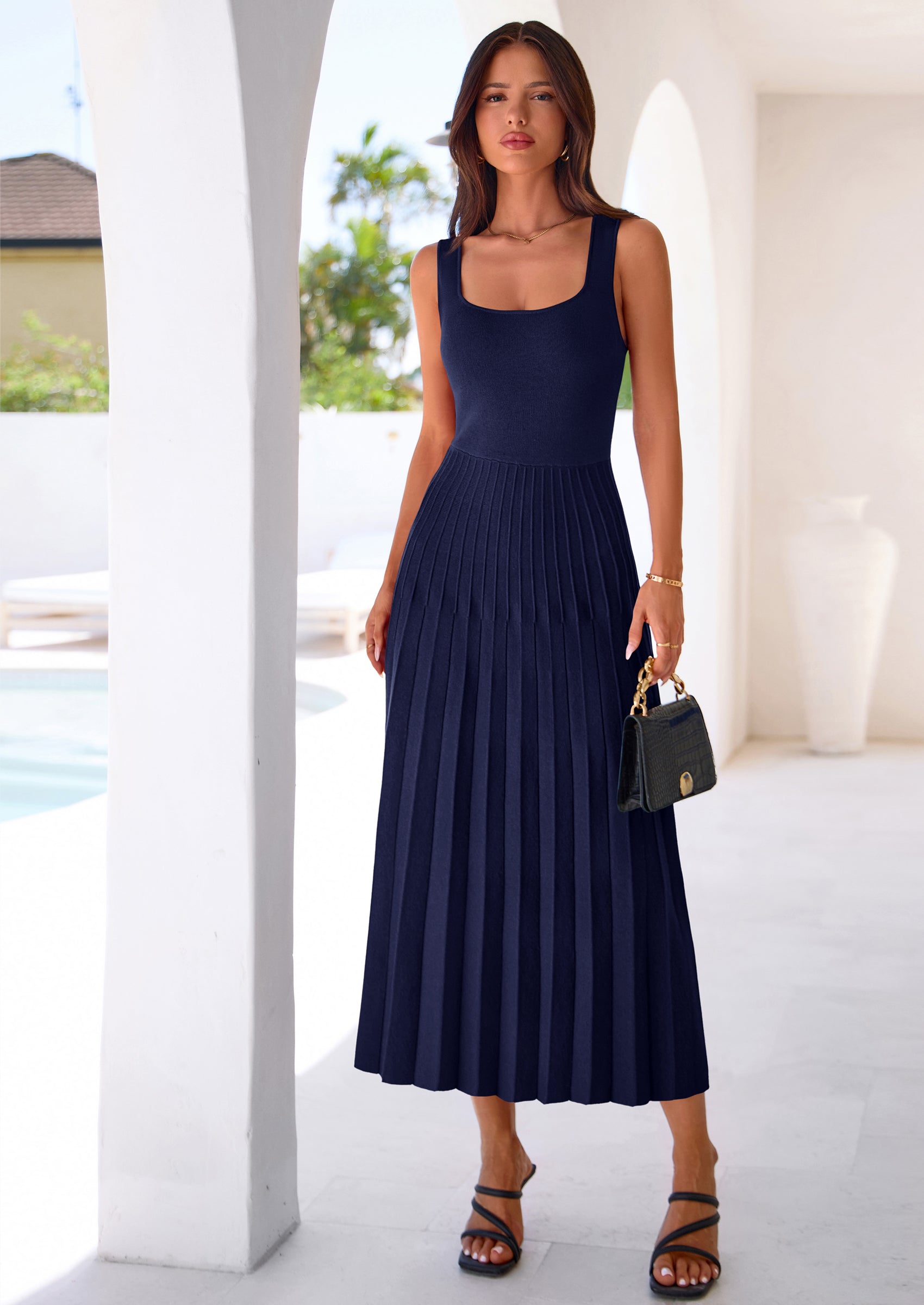 PRETTYGARDEN Spring Dresses for Women 2026 Summer Casual Sleeveless Square Neck A Line Knit Pleated Midi Cocktail Party Dress PRETTYGARDEN